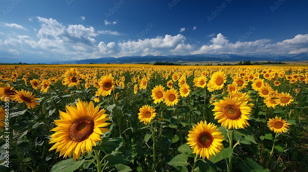 Obraz premium Vibrant sunflower field under a bright blue sky with fluffy white clouds