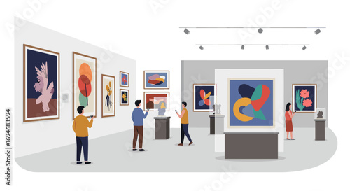 Contemporary art gallery with visitors engaging in modern abstract exhibits