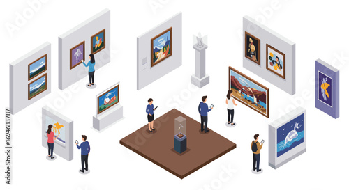 Museum gallery scene with isometric visitors and art exhibits