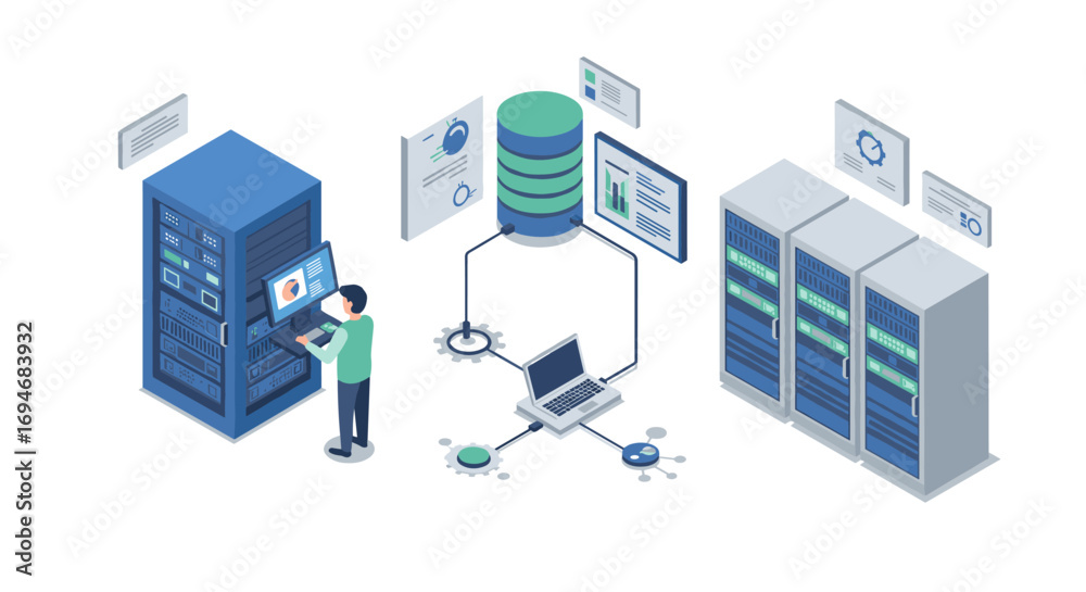 Isometric data center with it technician managing servers and network systems