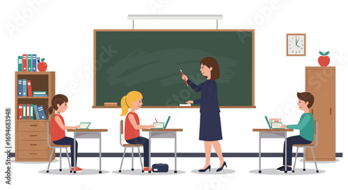 Classroom scene with teacher and students engaged in learning activities
