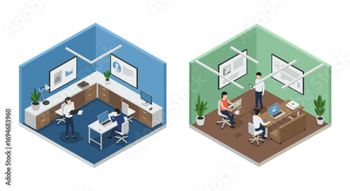 Modern office workspace design: two isometric rooms with employees collaborating