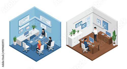 Modern office workspaces in isometric 3d: tech and business environments with professionals