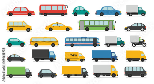 Colorful flat style urban vehicles collection with cars, buses, trucks, and motorcycles