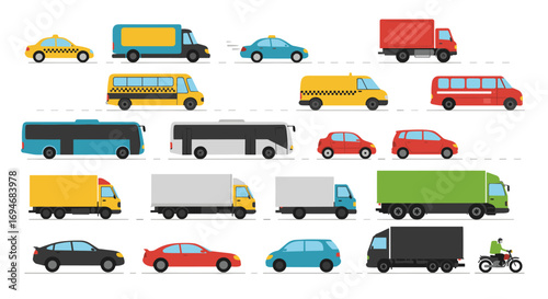 Colorful urban vehicles collection in flat design featuring cars, buses, trucks, and motorcycles