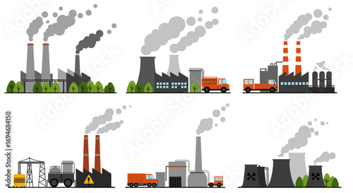 Industrial pollution and power plants concept with smokestacks and factories