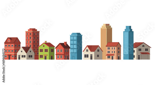 Colorful urban skyline of classic and modern residential buildings