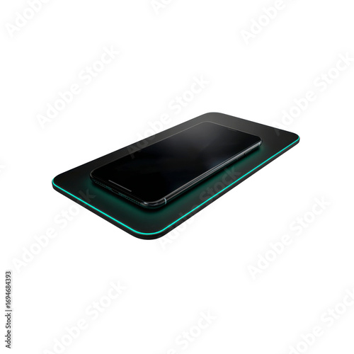 Sleek Smartphone on Wireless Charging Pad with Teal Accent Lighting