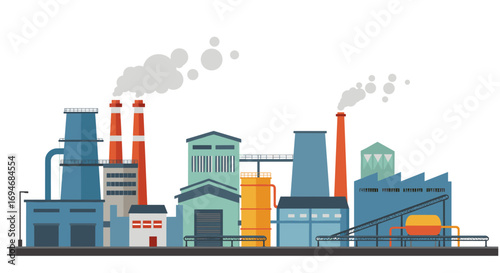 Industrial factory landscape with chimneys and smoke in flat design