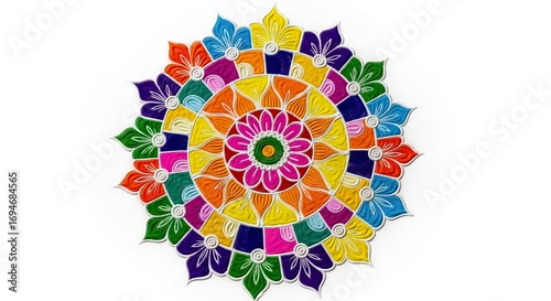Tableau sur toile A vibrant circular Rangoli art design featuring intricate geometric patterns and
