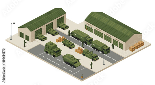 Military base isometric design with vehicles and personnel