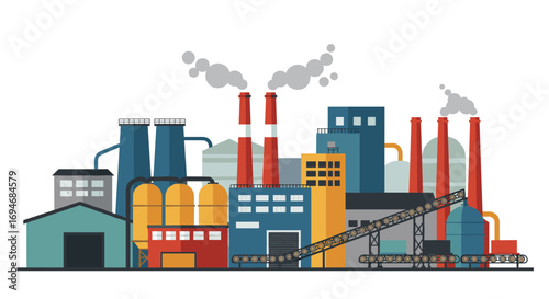 Industrial skyline with smokestacks and warehouses in flat design