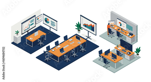 Modern office workspace with isometric meeting rooms and workstations