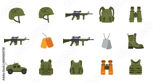 Military gear and equipment icons in flat design for tactical themes