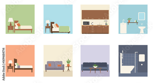 Flat style minimalist interior design set for home decor projects