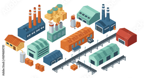 Isometric factory buildings and warehouses with conveyor belts