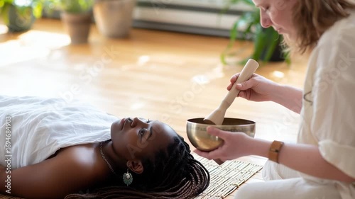 Relaxing sound bath therapy session with african female and caucasian female practitioner