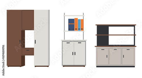 Modern office furniture set with cabinets and shelves in minimalist style