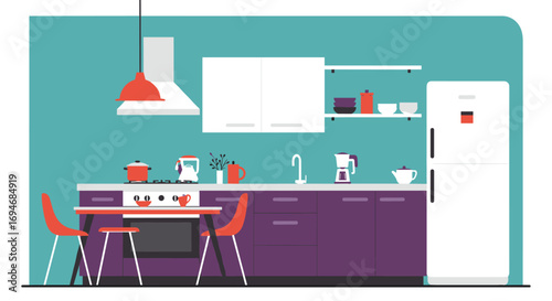 Modern flat style kitchen interior with appliances and furniture in purple and teal theme