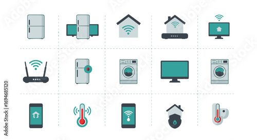 Smart home devices in minimalist flat design featuring appliances and connectivity symbols