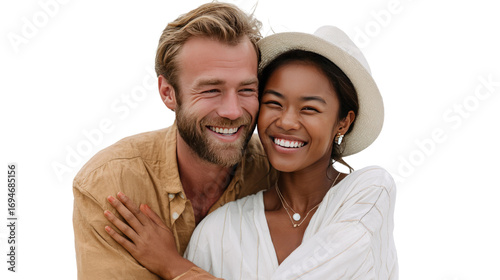 Joyful Embrace by the Sea: Captured with the pure joy of love, a diverse couple radiates happiness against the serene backdrop of a sunny day, their smiles infectious and their bond palpable. 