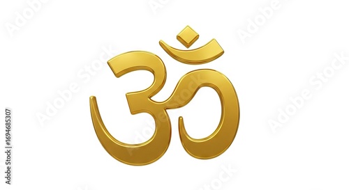 Gold Om symbol against a white background reflecting light