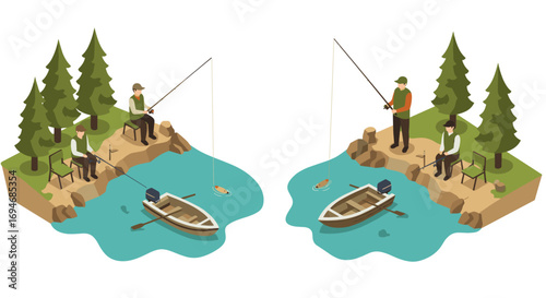 Isometric fishing scene with two boats and fishermen on a tranquil lake