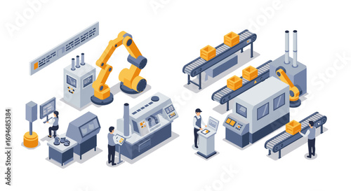 Isometric smart factory automation scene with robots and conveyors