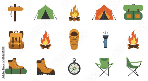 Colorful camping gear icons set featuring tents, boots, and campfires