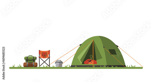 Camping scene with tent, backpack, chair, and cooler in nature setting