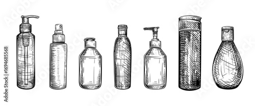 Vector hand drawn vintage illustration of cosmetic bottles in vintage engraved style. Package for shampoo, cream, tonic, lotion, serum. Black and white sketch isolated on white background