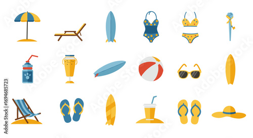 Summer beach essentials set with surfboards, swimwear, and refreshments in flat design