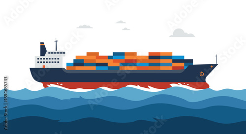 Cargo ship with colorful containers on ocean waves in minimalist style