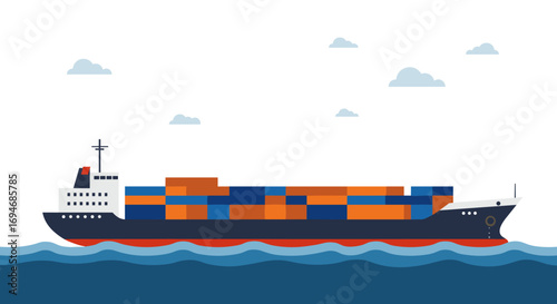 Flat style cargo ship with containers on ocean waves and cloudy sky background
