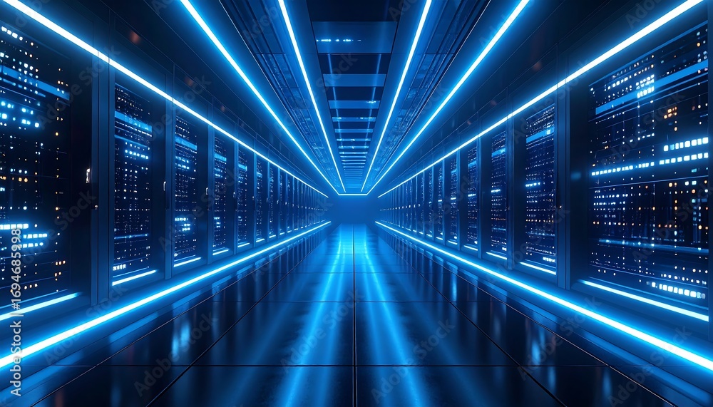 Fototapeta premium An ultra-modern data center interior, dominated by cool blue neon lighting, a seemingly endless perspective of server racks, and a highly reflective floor. 