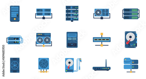 Modern flat icons of networking and server equipment for digital infrastructure