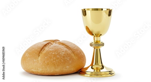Golden chalice with loaf of bread on a white surface