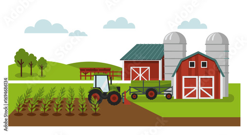 Charming farm scene with tractor and barn in flat design