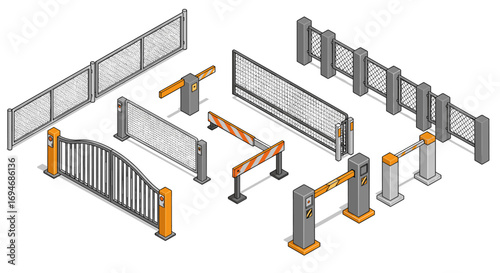 Isometric security gates and barriers collection for modern facilities