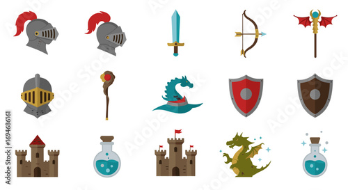 Medieval fantasy icon set featuring helmets, weapons, and mythical creatures