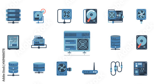 Flat design icons of computer hardware components and network devices