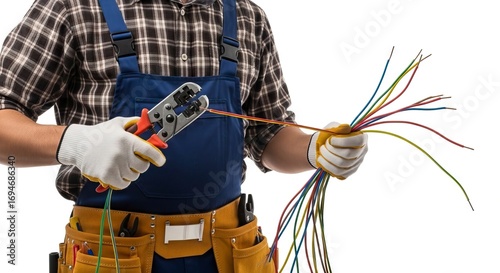 Electrician using wire strippers on colored wires wearing work clothes and gloves