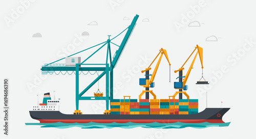 Cargo ship with cranes loading colorful containers at sea port in flat design