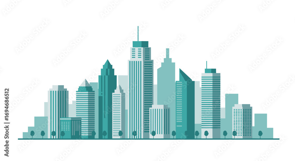 Fototapeta premium Modern urban skyline with high-rise buildings in flat design style