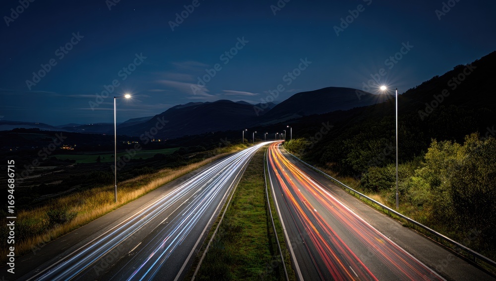 Obraz premium Night highway lights streak through dark landscape