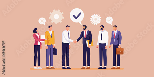 Business partners shaking hands with success and teamwork symbols above them