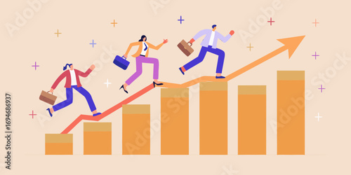 Business professionals running up a graph symbolizing growth and success with an upward arrow