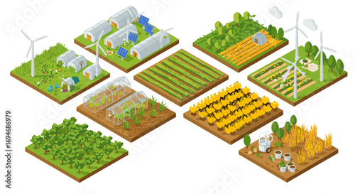 Isometric sustainable farming: greenhouses, wind turbines, and varied crops