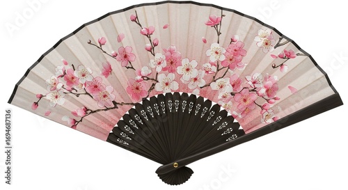 An opened hand fan with black wooden frame and pink cherry blossom design on a white background