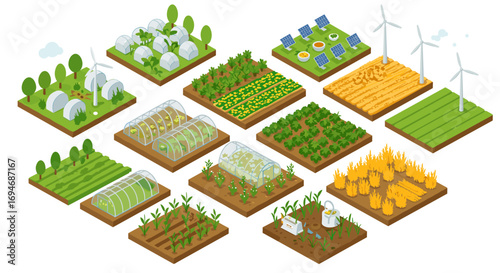 Sustainable farming technologies isometric design with renewable energy and crops